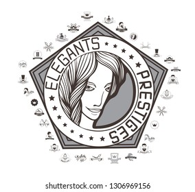 Set of vintage barbershop emblems, labels, badges, logos. Vector collection of hand drawn barbershop tools and accessories with hipster model man.