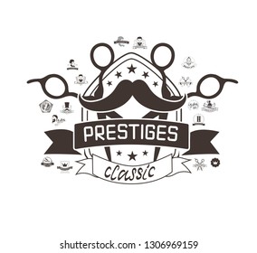 Set of vintage barbershop emblems, labels, badges, logos. Vector collection of hand drawn barbershop tools and accessories with hipster model man.