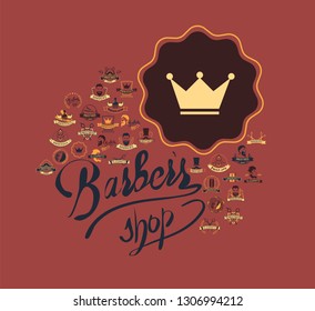 Set of vintage barbershop emblems, labels, badges, logos. Vector collection of hand drawn barbershop tools and accessories with hipster model man.