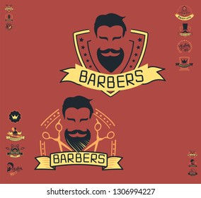 Set of vintage barbershop emblems, labels, badges, logos. Vector collection of hand drawn barbershop tools and accessories with hipster model man.