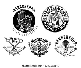 Set of Vintage Barbershop Emblems, Labels and Logos.The Barber with Hair Clipper and Hairbrush. Vintage Barber Chair. Vector Illustration.