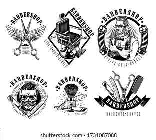 Conjunto de Emblemas, Etiquetas y Logotipos de Barbería Vintage.El Barber con Cuchillo de Pelo y Pincel de Pelo. Silla de barbero vintage. Ilustración vectorial.