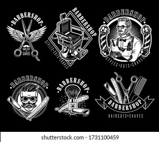 Set of Vintage Barbershop Emblems, Labels and Logos.The Barber with Hair Clipper and Hairbrush. Vintage Barber Chair. Vector Illustration.