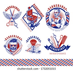 Set of Vintage Barbershop Emblems, Labels and Logos.The Barber with Hair Clipper and Hairbrush. Vintage Barber Chair. Vector Illustration.