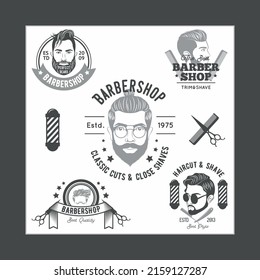 Set of vintage barbershop emblems, labels, badges, logos. Layered. Text is on separate layer. Isolated on white background