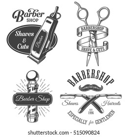 Set of vintage barbershop emblems, labels, badges, logos. Layered. Text is on separate layer. Isolated on white