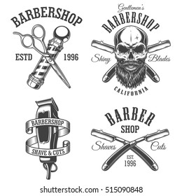 Set of vintage barbershop emblems, labels, badges, logos. Layered. Text is on separate layer. Isolated on white