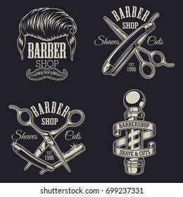 Conjunto de emblemas vintage de barbershop, etiquetas, insignias, logos. En capas. El texto está en una capa independiente. Aislado sobre fondo negro