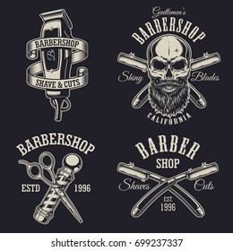 Set of vintage barbershop emblems, labels, badges, logos. Layered. Text is on separate layer. Isolated on black background