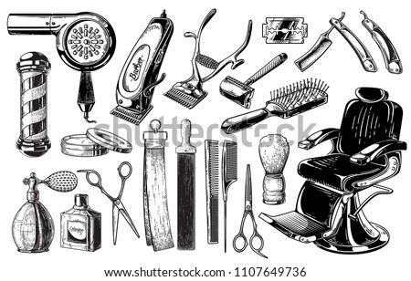 Set of vintage barbershop emblems labels badges logos scissors blade brush pole. Isolated on white background. Vector illustration