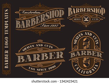 Set of vintage barbershop emblems, logos, badges. Tattoo lettering illustration. Text and design elements are in separate groups.