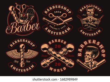 Set of vintage barbershop emblems on a dark background. These vector illustrations are perfect for apparel designs, logos, and many other uses.