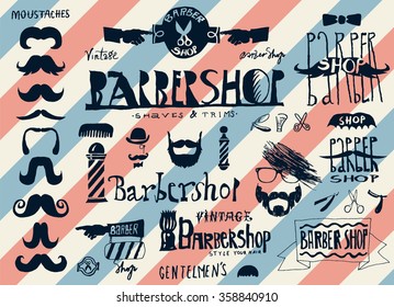 Set of vintage Barbershop, hair salon logo, labels, badges, street signs and design element. Hand drawn collection, vector  format