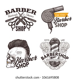 Set of vintage barbershop hand drawn labels. Sketch emblems and hipster trendy badges with typography
