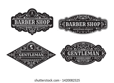 Conjunto de diseños de etiquetas de barbería Vintage, caligrafía y elementos tipográficos de diseño