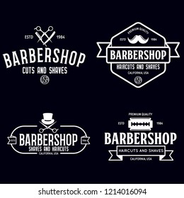 Set of vintage barbershop labels. Templates for the design of logos and emblems. Collection of barbershop symbols - razor, pole, scissors. Vector illustration.