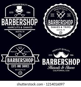 Set of vintage barbershop labels. Templates for the design of logos and emblems. Collection of barbershop symbols - razor, pole, scissors. Vector illustration.