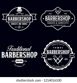 Set of vintage barbershop labels. Templates for the design of logos and emblems. Collection of barbershop symbols - razor, pole, scissors. Vector illustration.