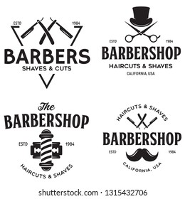 Set of vintage barbershop labels. Templates for the design of logos and emblems. Collection of barbershop symbols - razor, pole, scissors. Vector illustration.
