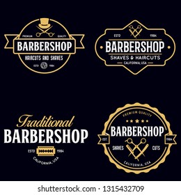 Set of vintage barbershop labels. Templates for the design of logos and emblems. Collection of barbershop symbols - razor, pole, scissors. Vector illustration.