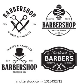 Set of vintage barbershop labels. Templates for the design of logos and emblems. Collection of barbershop symbols - razor, pole, scissors. Vector illustration.