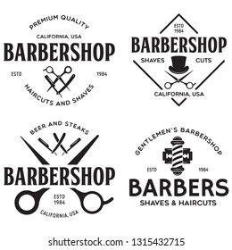 Set of vintage barbershop labels. Templates for the design of logos and emblems. Collection of barbershop symbols - razor, pole, scissors. Vector illustration.