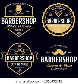 Set of vintage barbershop labels. Templates for the design of logos and emblems. Collection of barbershop symbols - razor, pole, scissors. Vector illustration.