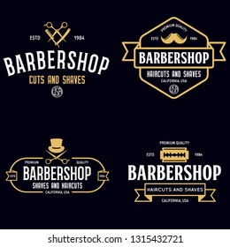 Conjunto de etiquetas vintage de la barbería. Plantillas para el diseño de logotipos y emblemas. Colección de símbolos de barbería - cuchilla, tijeras. Ilustración vectorial.