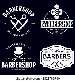 Set of vintage barbershop labels. Templates for the design of logo and emblems, signs etc. Collection of barbershop - symbols razor, pole, scissors. Vector illustration.