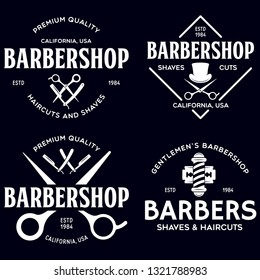 Set of vintage barbershop labels. Templates for the design of logo and emblems, signs etc. Collection of barbershop - symbols razor, pole, scissors. Vector illustration.