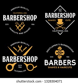 Set of vintage barbershop labels. Templates for the design of logos and emblems. Collection of barbershop symbols - razor, pole, scissors. Vector illustration.