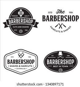 Set of vintage barbershop labels. Templates for the design of logos and emblems. Collection of barbershop symbols - razor, pole, scissors. Vector illustration.