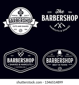 Set of vintage barbershop labels. Templates for the design of logos and emblems. Collection of barbershop symbols - razor, pole, scissors. Vector illustration.