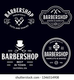 Set of vintage barbershop labels. Templates for the design of logos and emblems. Collection of barbershop symbols - razor, pole, scissors. Vector illustration.