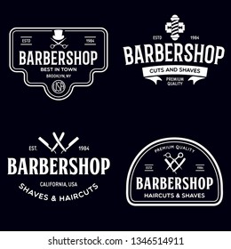 Set of vintage barbershop labels. Templates for the design of logos and emblems. Collection of barbershop symbols - razor, pole, scissors. Vector illustration.