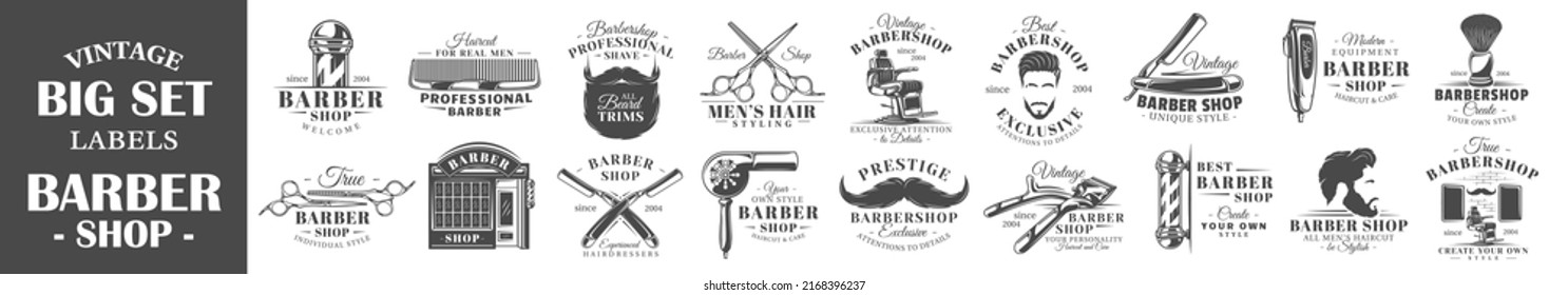 Set of vintage barbershop labels. Templates for the design of logos and emblems. Collection of barbershop symbols: shaver, haircut, beard. Vector illustration