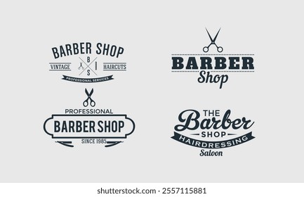 Set of vintage barbershop labels. Templates for the design of logos and emblems. Collection of barbershop symbols - razor, pole, scissors. Vector