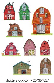 set of vintage barns - cartoon