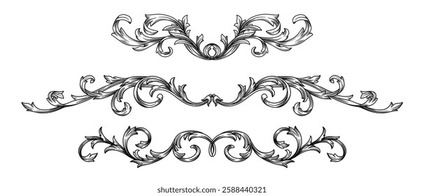 Set Vintage baroque element border frame engraving. Classic ornament filigree pattern. Antique rococo ornate decorative design for tattoo, certificate, wedding invitation