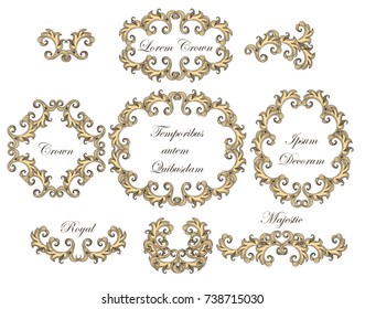 Set of vintage baroque engraving floral scroll filigree elements. Vector illustration.