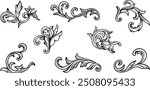 Set of vintage baroque filigree ornamental, swirl, curly elements in black line art. Vector victorian rococo ornaments for design