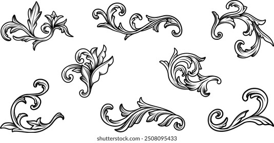 Set of vintage baroque filigree ornamental, swirl, curly elements in black line art. Vector victorian rococo ornaments for design