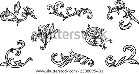 Set of vintage baroque filigree ornamental, swirl, curly elements in black line art. Vector victorian rococo ornaments for design