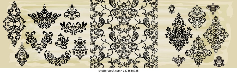 Set Vintage baroque frame scroll ornament engraving border floral retro pattern antique style acanthus foliage swirl decorative design element filigree calligraphy.