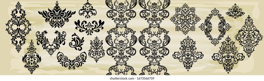 Set Vintage baroque frame scroll ornament engraving border floral retro pattern antique style acanthus foliage swirl decorative design element filigree calligraphy.