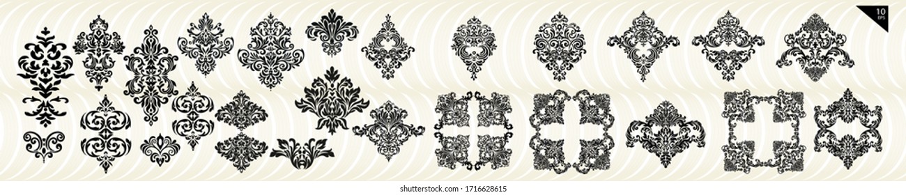 Set Vintage baroque frame scroll ornament engraving border floral retro pattern antique style acanthus foliage swirl decorative design element filigree calligraphy.