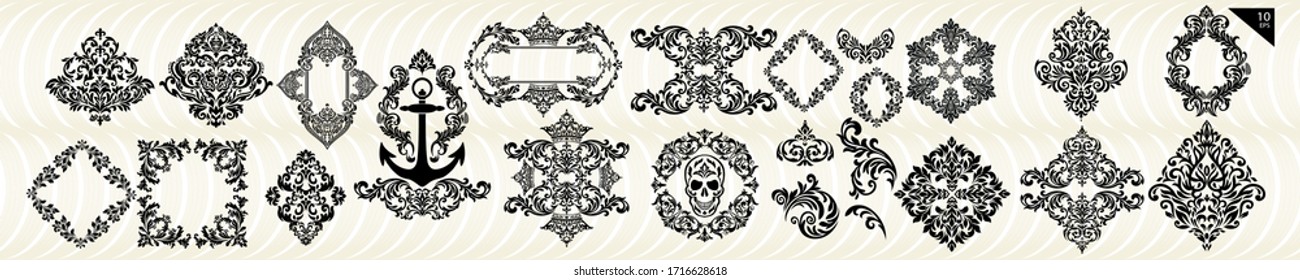 Set Vintage baroque frame scroll ornament engraving border floral retro pattern antique style acanthus foliage swirl decorative design element filigree calligraphy.