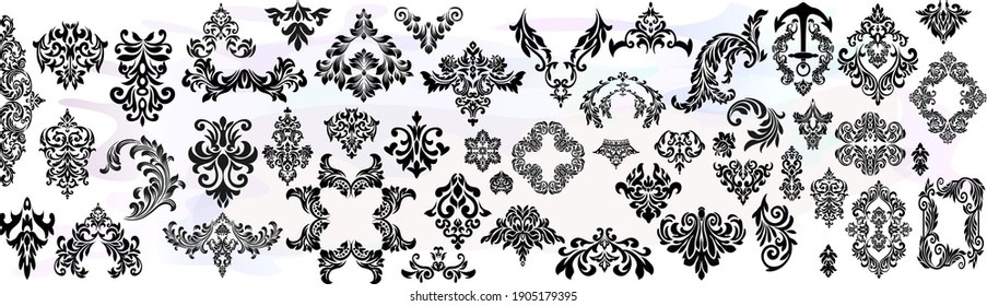 Setzen Sie Vintage baroque Rahmen Scroll-Ornament Gravur Grenze florale Retro Muster antiken Stil Akanthus foliage wirl dekorative Design Element filigrane Kalligraphie.