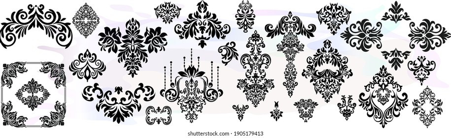 Set Vintage baroque frame scroll ornament engraving border floral retro pattern antique style acanthus foliage swirl decorative design element filigree calligraphy.