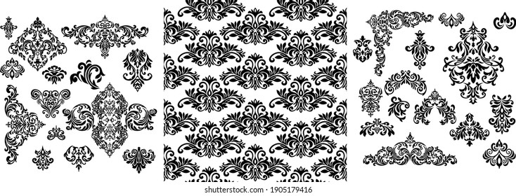 Establecer el marco barroco vintage pergamino adorno de rotulamiento borde floral patrón retro estilo antiguo acanthus follaje giratorio decorativo elemento de diseño caligrafía de filigree.